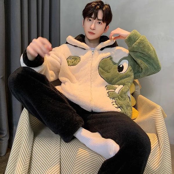 Antistatic Coral Fleece Mens Winter Pajamas Set Thicken Flannel Warm Sleepwear Big Size 3XL Zipper Soft Pajama Men pyjama homme 241022