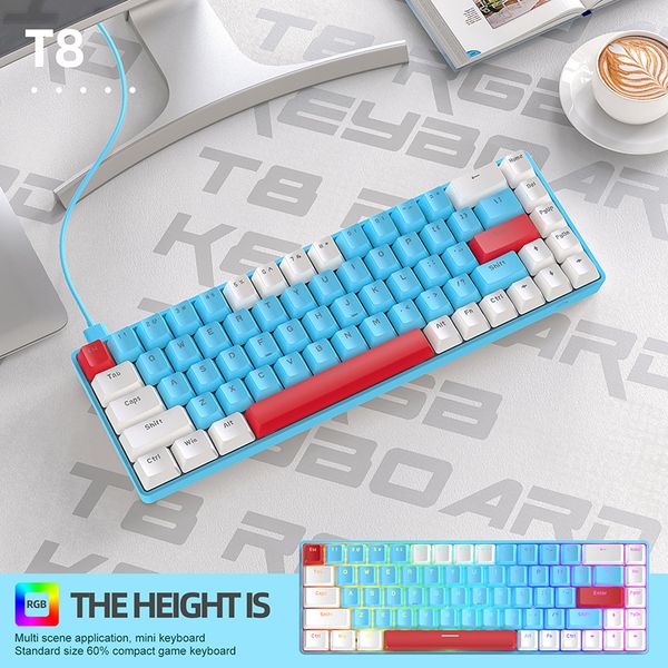 T8 Gaming Mechanical Keyboard Red Switch With PBT ABS Keycaps For PC Tablet Desktop Gamer RGB Backlight Wired Type-C USB 68 Key