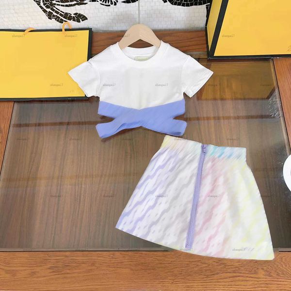 Top skirt set kid sets kids designer clothes girls Bare waist Ribbon splicing t-shirt Gradient iridescent color zipper Elastic waist skirts