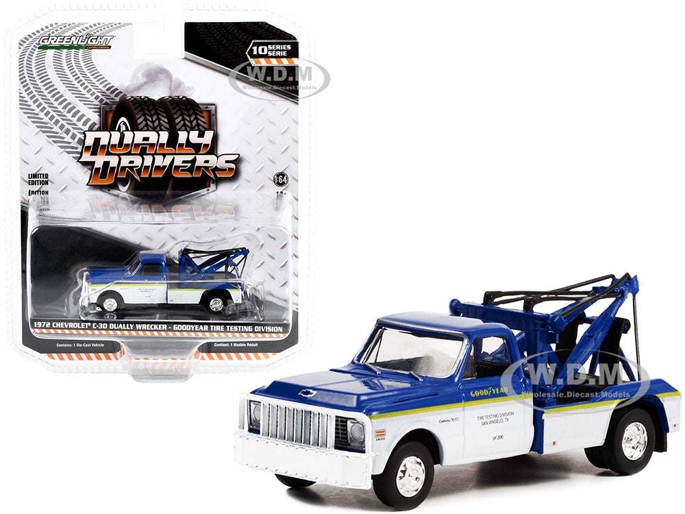 1972 Chevrolet C-30 Dually Wrecker Truck White and Blue with Yellow Stripes "Goodyear Tire Testing Division" "Dually Drivers" Series 10 1-64 Diecast