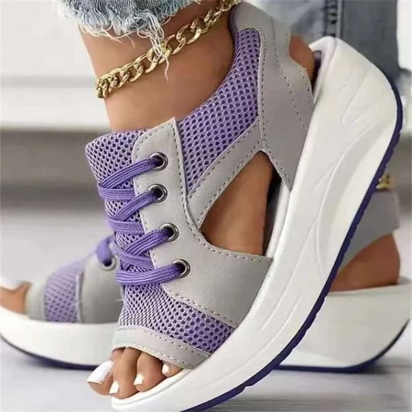 Summer Women Sandales Fashion Shoes Casual Flat Peep Toe Contrast Paneled Cutout Lace-up Muffin Sandals Platform Sport Sandalias dhshoesw