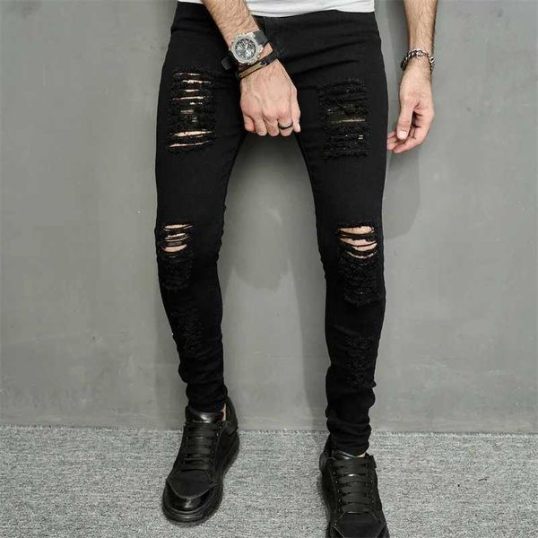 Men's Jeans Men Jeans Ankle Length Hole Vintage Ripped Pencil Pants Denim Skinny Pockets Distressed Slim Moto Biker Solid Washed 2024 z