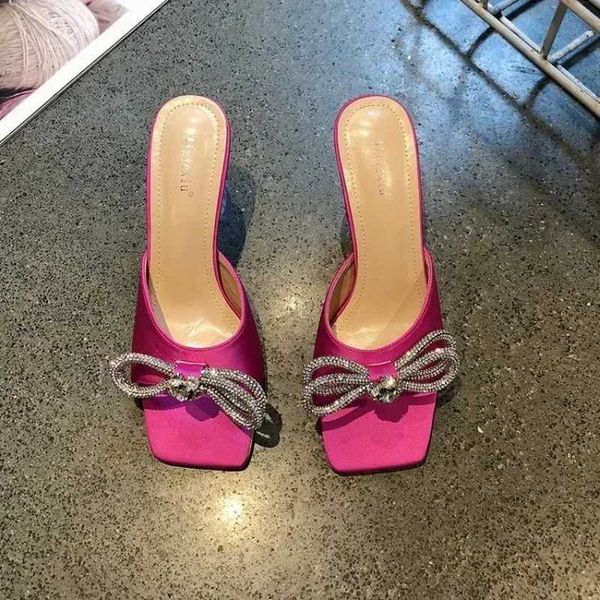 New Rhine Knot Sliding Stiletto Sandals Warm Crystal Fairy Blue Bow Diamd High Heels Party Shoes Y241128