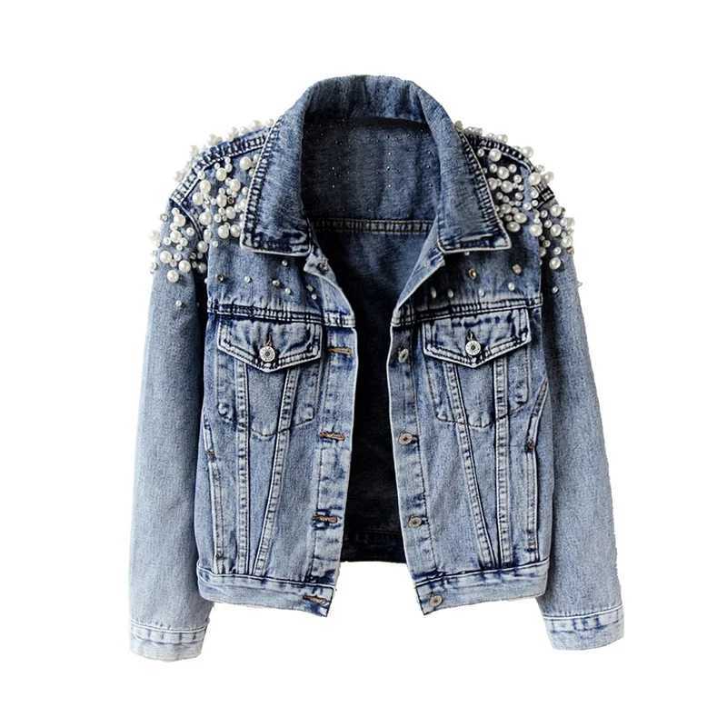 Womens Denim Jacket 2023 Spring Autumn Jeans Jacket Pearl Basic Coat Female Jeans Coats Long Sleeve Top Blue OuterwearX240920