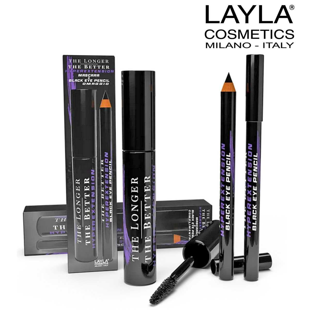 Layla mascara hyperextension extreme black + free black eye pencil