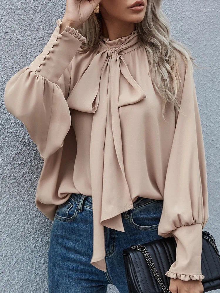 Women&#039;s Blouses Fashion Solid Color Chiffon Shirts Women Bowknot Leace-up Sleeve Temperament Elegant Lady Trendy Commuting Clothing