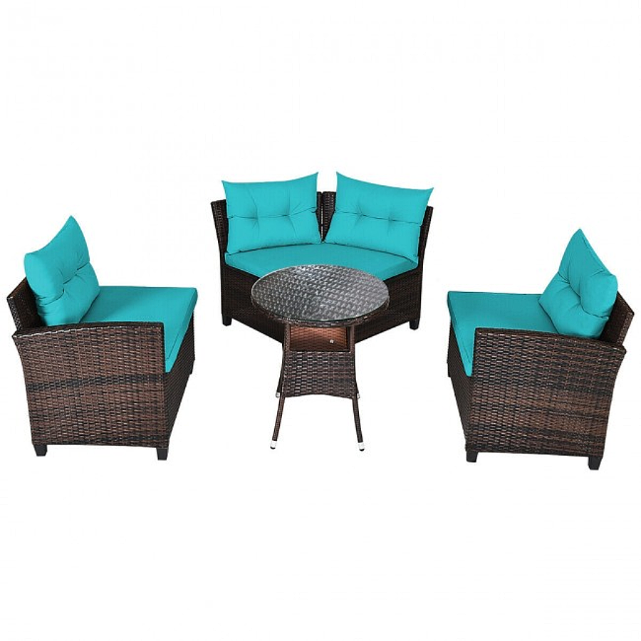 Rattan 4-Piece Patio Furniture Set with Round Sofa Table - Turquoise