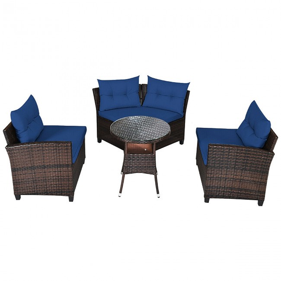Rattan 4-Piece Patio Furniture Set with Round Sofa Table - Navy
