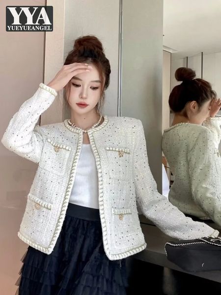 Autumn Women Pockets O Neck Tweed Jacket Elegant Office Ladies Work Coat French Style Long Sleeve Slim Fit Twill Outerwear 241209