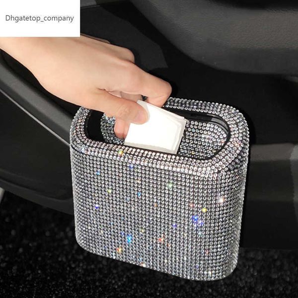 Diamond Crystal Car Trash Can Bin with Lid Leakproof Mini Vehicle Trash Bin Glitter Garbage Dustbin Organizer Container Bag