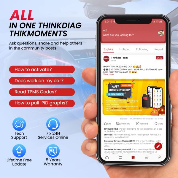 THINKCAR THINKDIAG Mini OBD2 Scanner Bluetooth, All-System Diagnosis Car Diagnostic Scan Tool Read-Clear fault code Universal