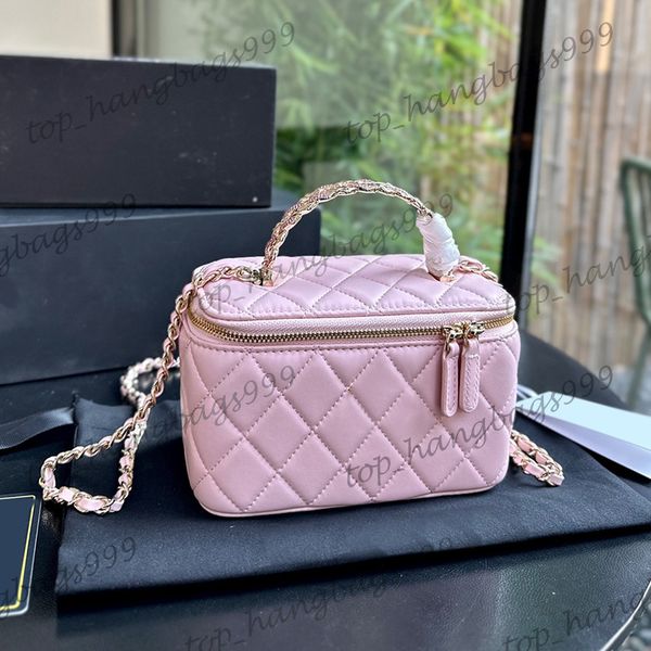 Gold Inlaid Hollow Rhinestone Handle Suitcase Vanity Box Bags With Mirror Lipstick Makeup Cosmetic Case Zipper Card Holder 23K Check Lambski