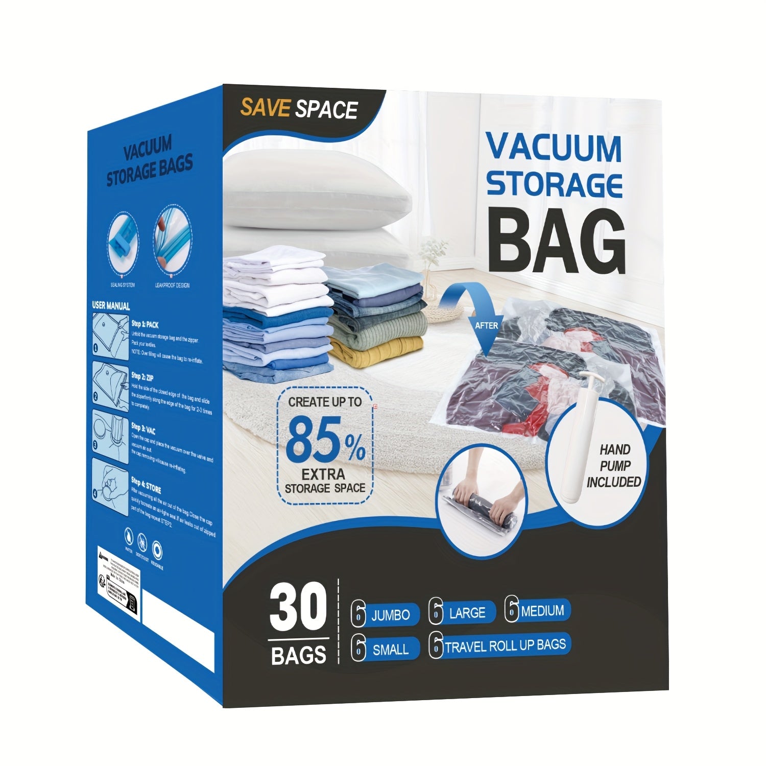 TEMU 30 Pack Space Saver Vacuum Bags (6 Jumbo-6 Large-6 Medium-6 Small-6 Roll) Storage Bags For Comforters And Blankets, Vacuum Sealer Bags For