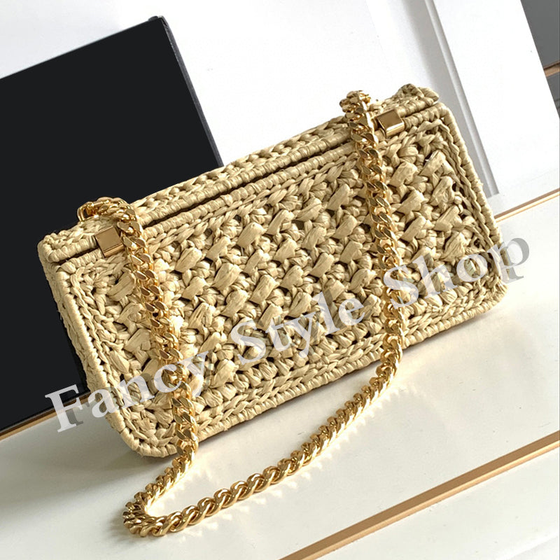 Top-Quality Fashion Handwoven Lafite Grass Knitting Bag Women&#039;s Chain Shoulder Bags 2Sizes