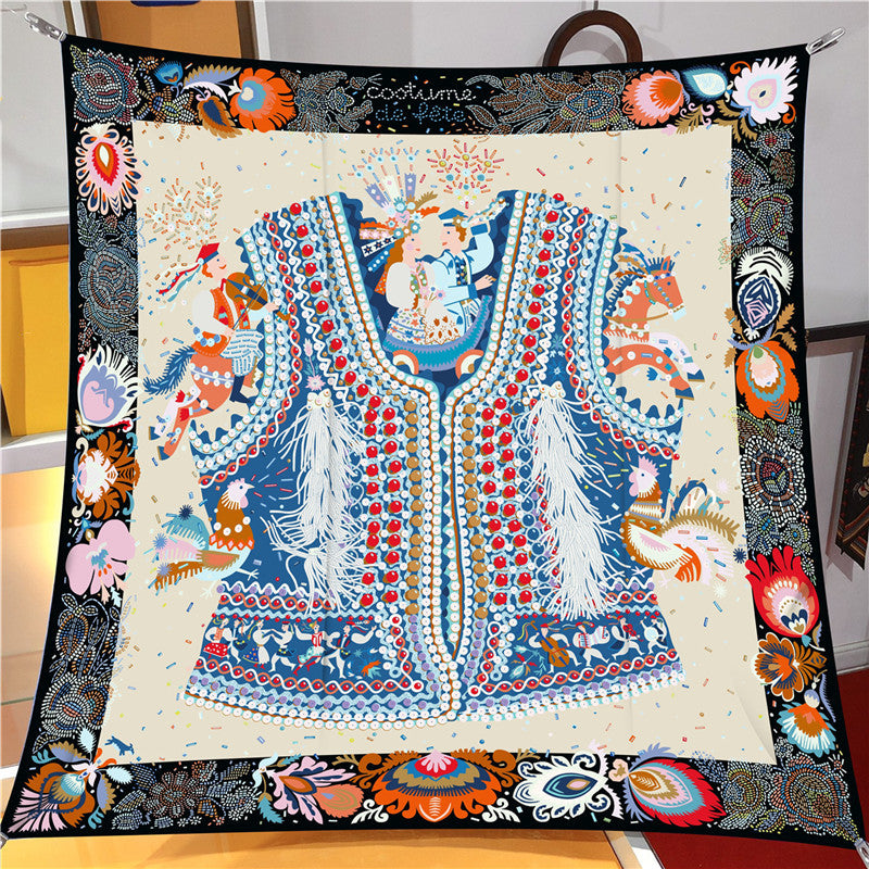 Silk Scarf Women Pearl Decorative Clothing Printing Square Scarves Head Echarpes Silk Foulards Femme Wraps Beach Shawls Bandana Lady Hijabs 90CM X 9