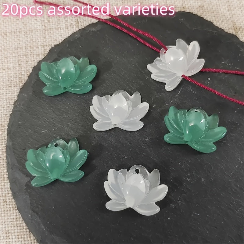 TEMU 20pcs Of Elegant Green And White For Lotus Pendants, For Lotus Diy Ancient Style Hanging Ornaments, Earrings, Bracelets, Tassel Materials, Resin