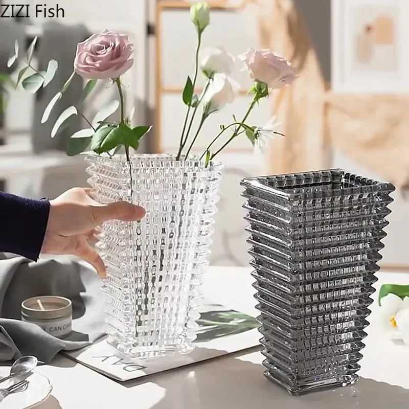 Vases Transparent Crystal Square Edges And Corners Hydroponic Glass Vase Flower Pot Layout Desktop Decoration J240515 252525