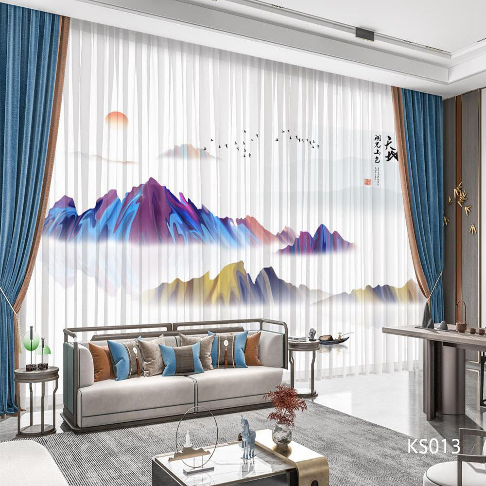 YL-36801 modern new Chinese style ink landscape painting scenery living room study high-end bedroom famous curtain Zen gauze curtain