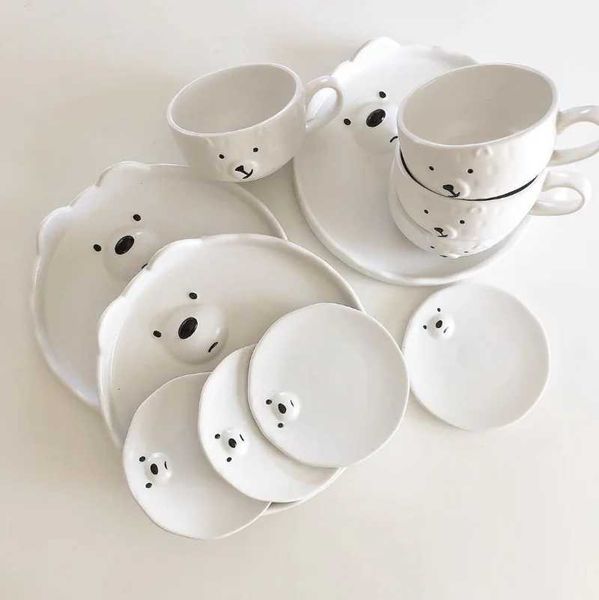 Dinner Plate Ceramic Cute Cartoon White Bear Tableware Kitchen Accessories Easy Clean Tray Coffee Cup Birthday Christmas GiftC241014
