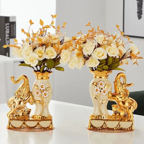 European style ceramic gold flower vase for dining table and home decoration accessories creative gold elephant vase 240902