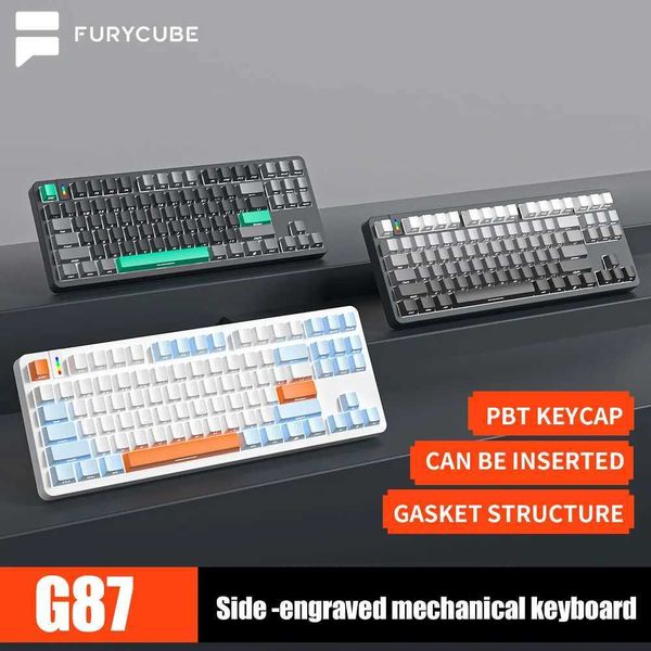 FURYCUBE G87 Wired Mechanical Keyboard Gasket 87 Keys White Light Backlit Side Engraved PBT Keycaps for PC Computer LaptopM240715