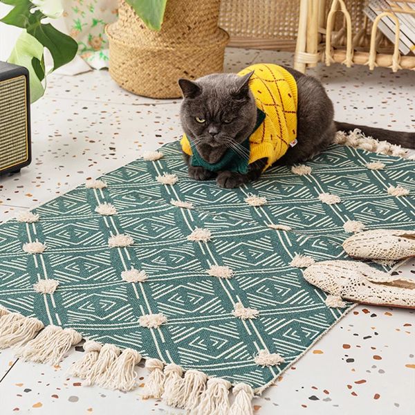 Retro Bohemian Hand Woven Cotton Linen Carpet Tassel Rug Geometric Floor Mat Bedroom Tapestry Decorative Blanket Area 241210