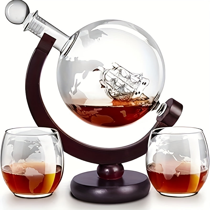 TEMU 1 Set, 27oz-800ml, 2 Exquisite World Map Cups 10oz-300ml And Wooden Base, Hand Blown Glass Bottle, Liquor, Whiskey, , Light , Home Bar