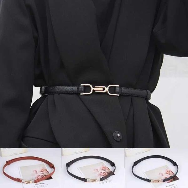 1 new womens belt adjustable thin waistband with retro gold buckle synthetic leather Y250208