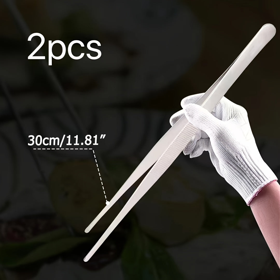 TEMU 2pcs 30cm-12" Long Stainless Steel Food Tongs Straight Tweezers Kitchen Tool Silvery