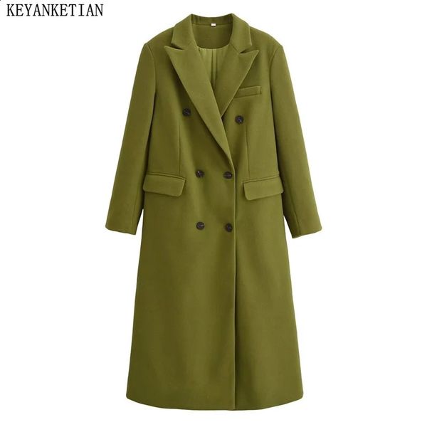 KEYANKETIAN 2024 Winter Womens Green Wool Coat Classic Fashion Double Breasted Flap Pockets Thick Long Outerwear Greatcoat 241224