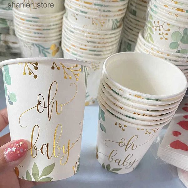 Disposable Dinnerware 8Guests Gold Letter Oh Baby Disposable Tableware Jungle Leaves Napkin Plate Cup Baby Shower Boy Girl Babyshower Oh Bab