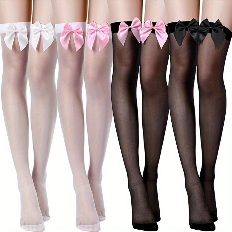 TEMU 4 Pairs Women's Elegant Bow Lace Thigh High Socks - Soft Stretchy Knee-high With Decorative Bows, Hand Wash Only, For Casual Attire & Costume