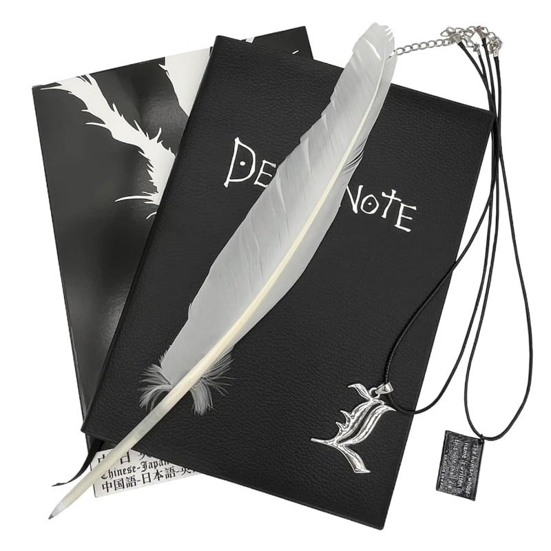 TEMU Notebook*1+necklace*2+pen*1 Notebook With Feather Pen 4pcs Set And L Necklace Merch Book L
