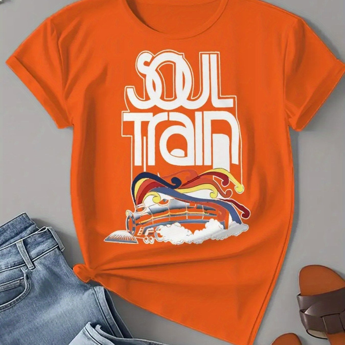 TEMU Women's Casual Graphic T-shirt - Vibrant Orange Retro Train Print, 100% Cotton Loose Fit Short Sleeve Round Neck Top For , Casual Attire,