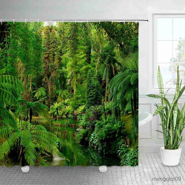 Shower Curtains Green Tropical Jungle Plant Shower Curtains Set Tree Monstera Leaves Nature Scenery Fabric Bathroom Decor with R231101