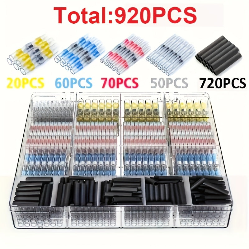 TEMU 920pcs Solder Ring Thermal Terminals, Waterproof Solder Seal Electrical Butt Connector, Wire Cable Gland Terminal Kit For Electrical Marine