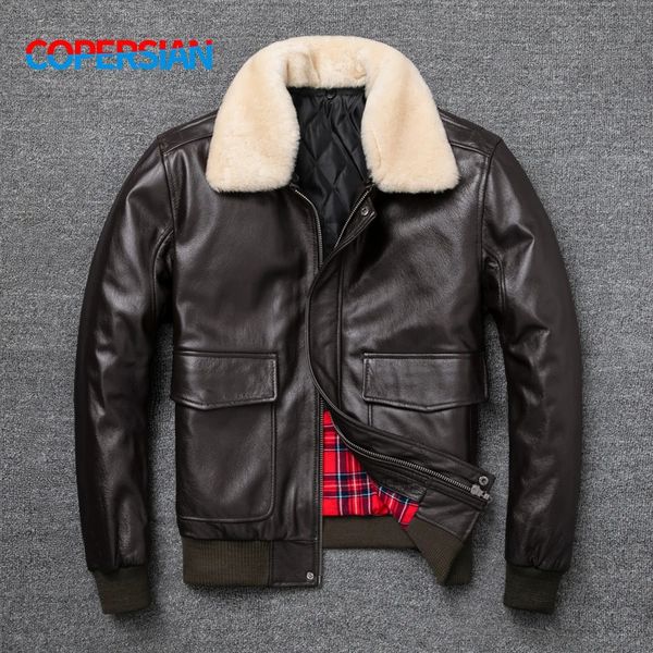 Air Force Flight Jacket Fur Collar Genuine Top Layer Cow Leather Jacket Men Black Brown Cow Coat Men&#039;s Winter Jacket 240108