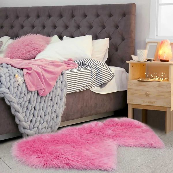 Double Heart Shaped Soft Faux Sheepskin Fur Plush Area Rugs for Home Living Room Sofa Floor Mat Bedroom Pink 24*47inchsXJ241101
