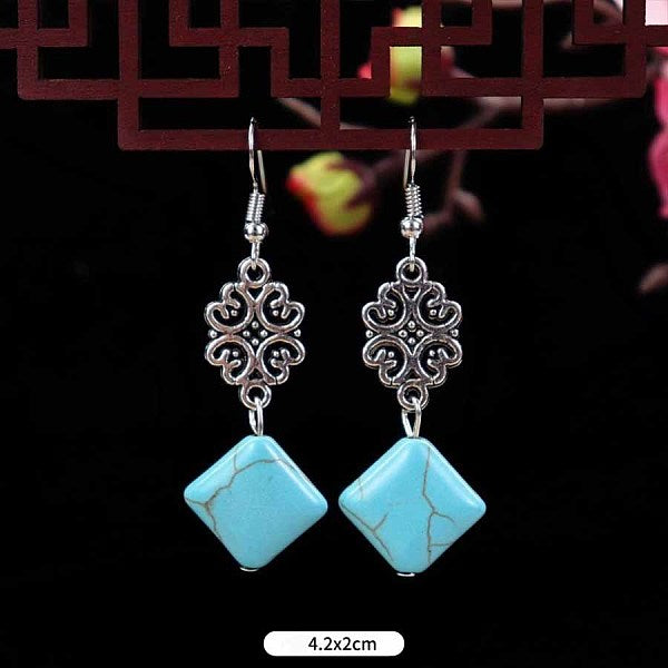 Boucles d'oreilles pendantes en losange turquoise synthétique et alliage