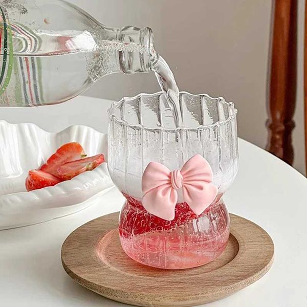 300ml Cute Bow Glass Cup Clear Striped Water Cups Bow-knot Coffee Drinking Mug Household Fruit Tea Juice Glassware Girls GiftT250211