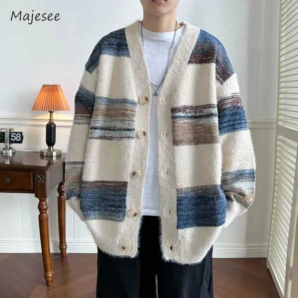 Men&#039;s Sweaters Striped Cardigan Mens Chic Baggy Slouchy V-neck Japanese Style Harajuku Vintage High Street Knitting Sweaters All-match