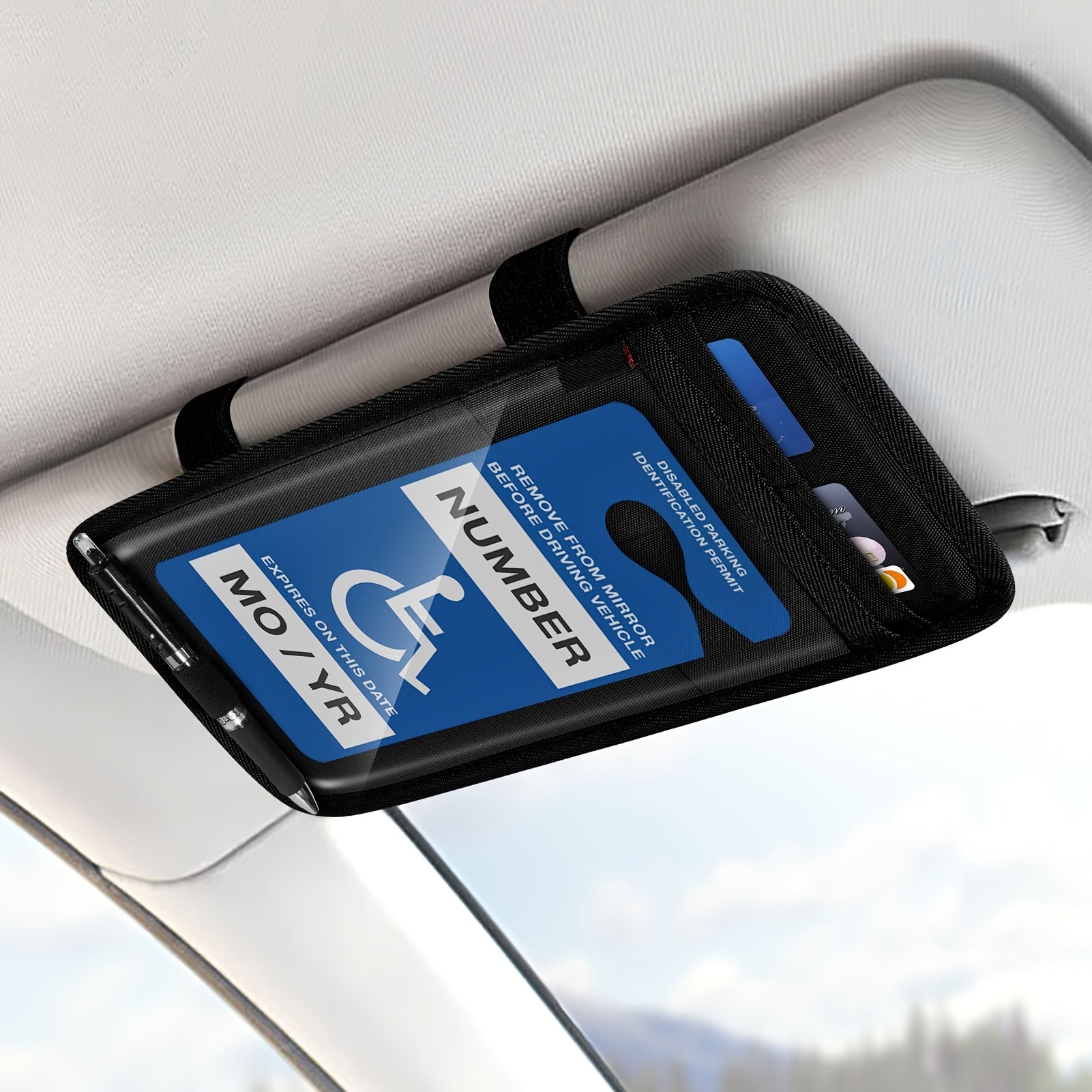 TEMU Car Visor Handicap Placard Holder With Pen Slot & Elastic Strap – Black Parking Permit Sign Protector For Disabled Access, Storage For Easy