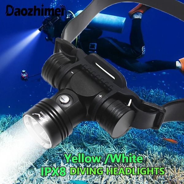 IPX8 Diving Headlight L2 Scuba Waterproof Headlamp100 Meters Underwater Torch Lantern Yellow -White Light LED Headlig Light 241212