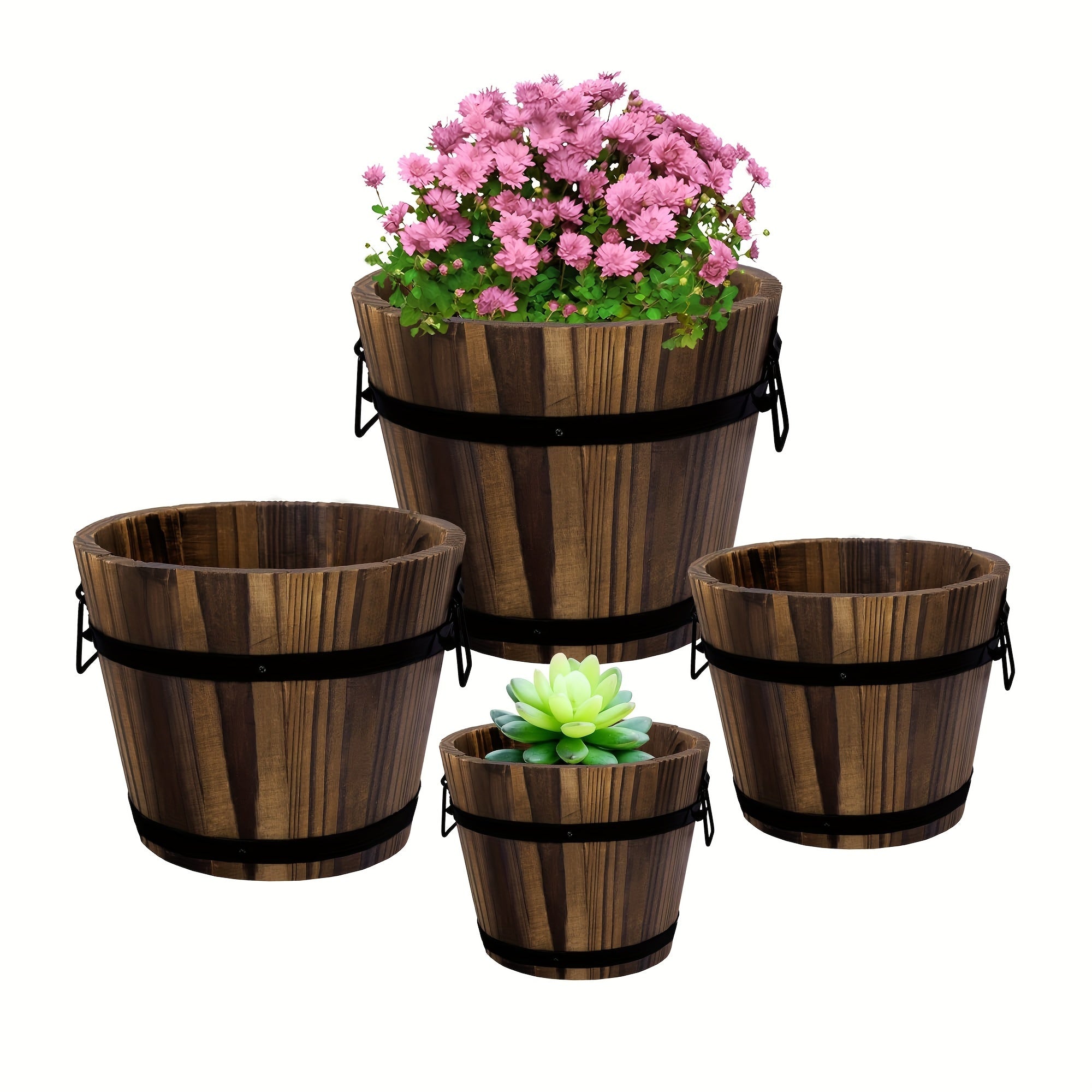 TEMU 4 Pack Wooden Whiskey Barrel Planters - 4 Sizes Wooden Bucket Barrel Garden Planters Set - Rustic Flower Planters Pots Container For Indoor