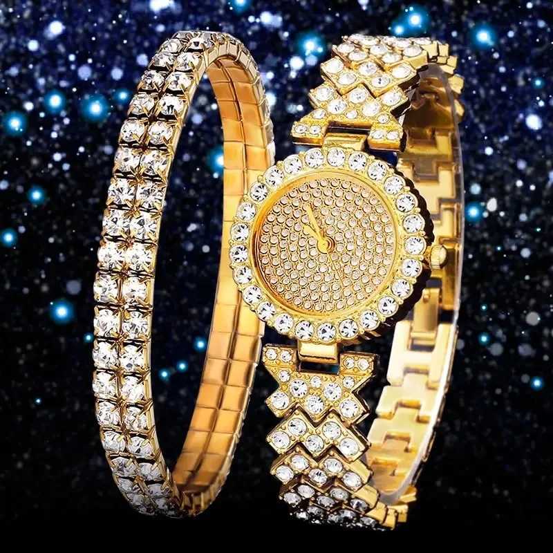 2pcs Womens Fashion Simple Gold Steel Band Quartz Watch Female Clock Women Bracelet Watches Set With DiamondsX240920