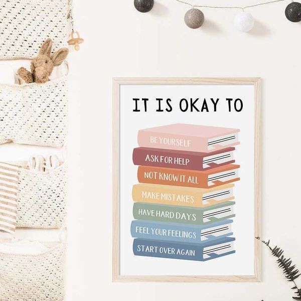 Boho It Is OK to Feel Books Educational Poster Wall Art Canvas Painting Print Picture Children Kids Room Classroom Decoration Y240808