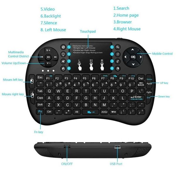 Keyboards I8 Mini Wireless Keyboard 2.4G Bluetooth 7 Color Backlit English Russian Air Mouse Remote Touchpad For Android TV Box PC Laptop z2
