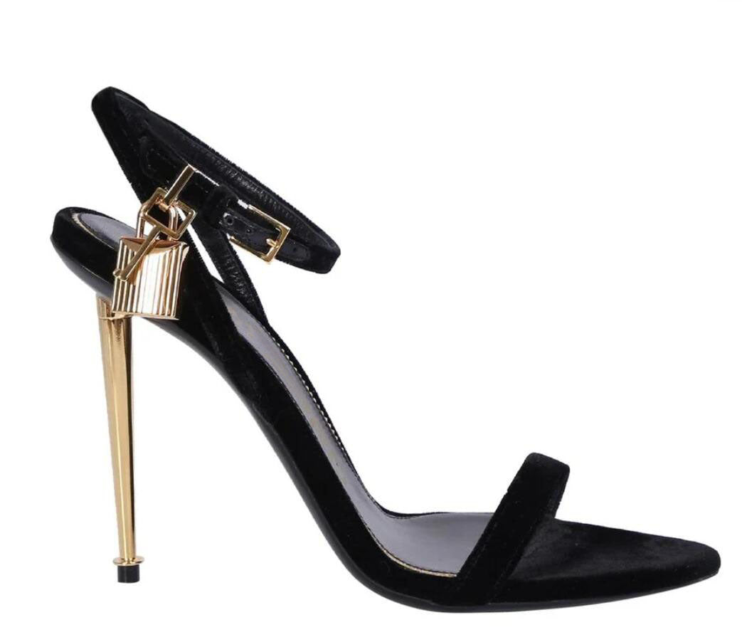 Women high heels Padlock Metallic Stiletto Sandals luxury designer heel Point-toe ankle-strap sliver gold black white leather dress party wedding br