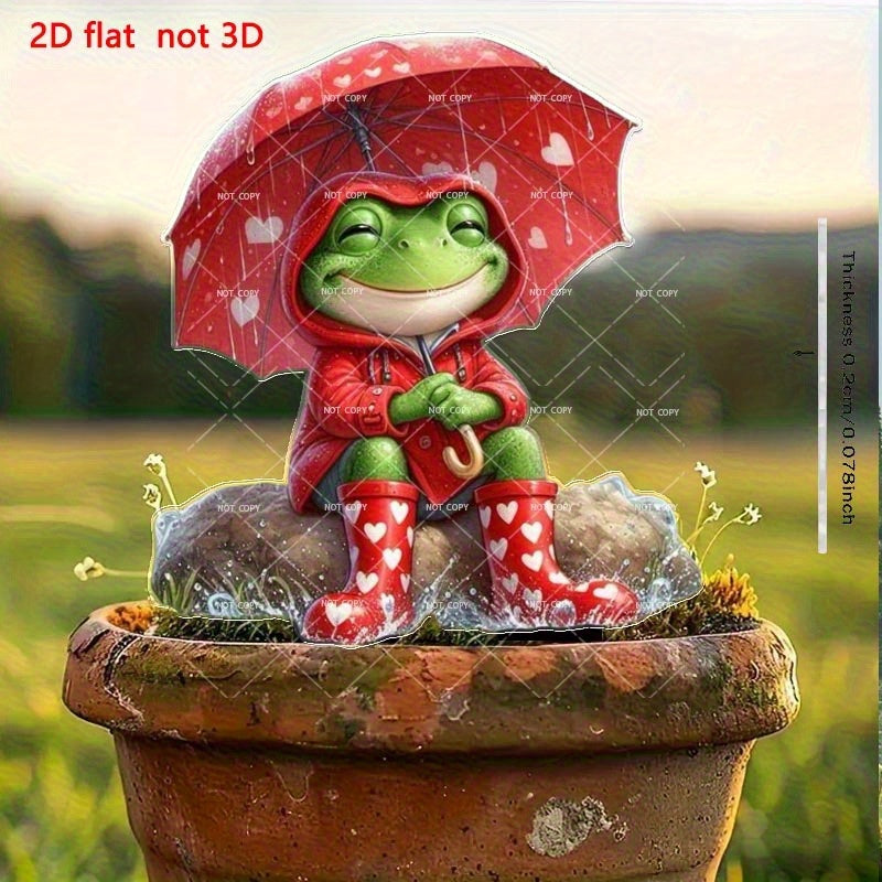TEMU 2d Flat, 1pc 2d Flat Acrylic Frog With Red Heart Raincoat & Umbrella - Whimsical Garden Decor For Potted Plants, Bonsai, Indoor-outdoor Holiday