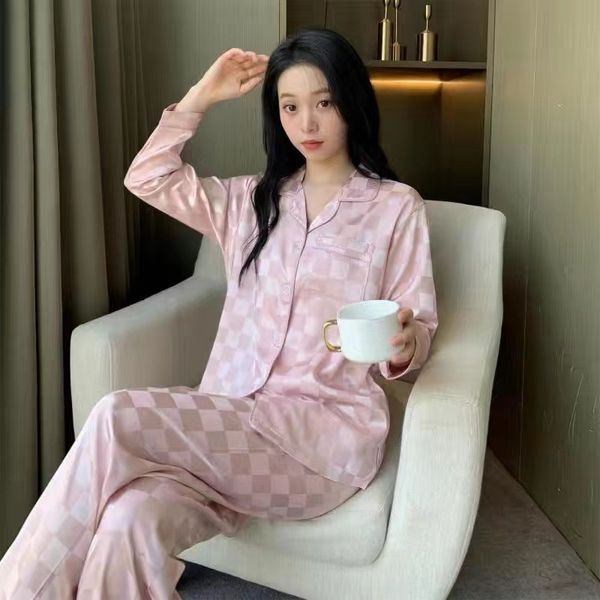 Women&#039;s Sleepwear Pink Plaid Pajamas Ladies Summer Large Size Spring and Autumn Long Sleeve Thin Ice Silk Homewear Set 230418